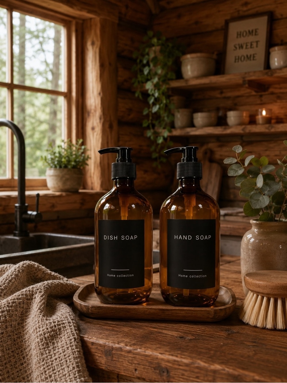 Amber Plastic Pump Soap Bottles - Dish & Hand Soap Set